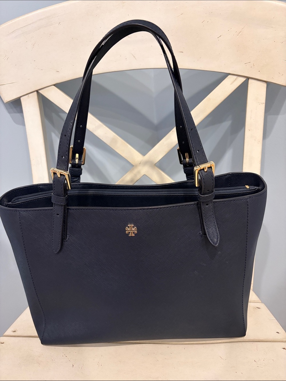 Tory Burch Navy Blue Leather Tote Bag